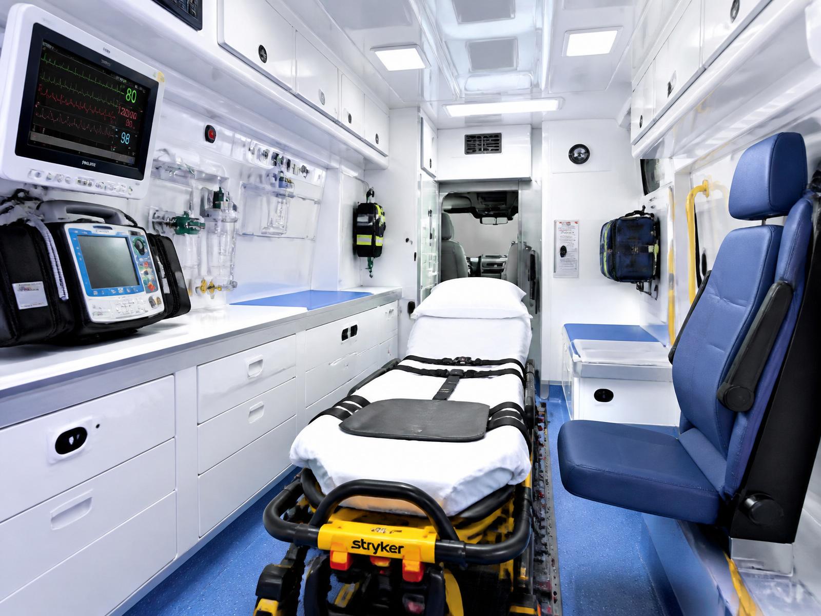 Interior ambulanță cu monitor, oxigen și targă medicală
