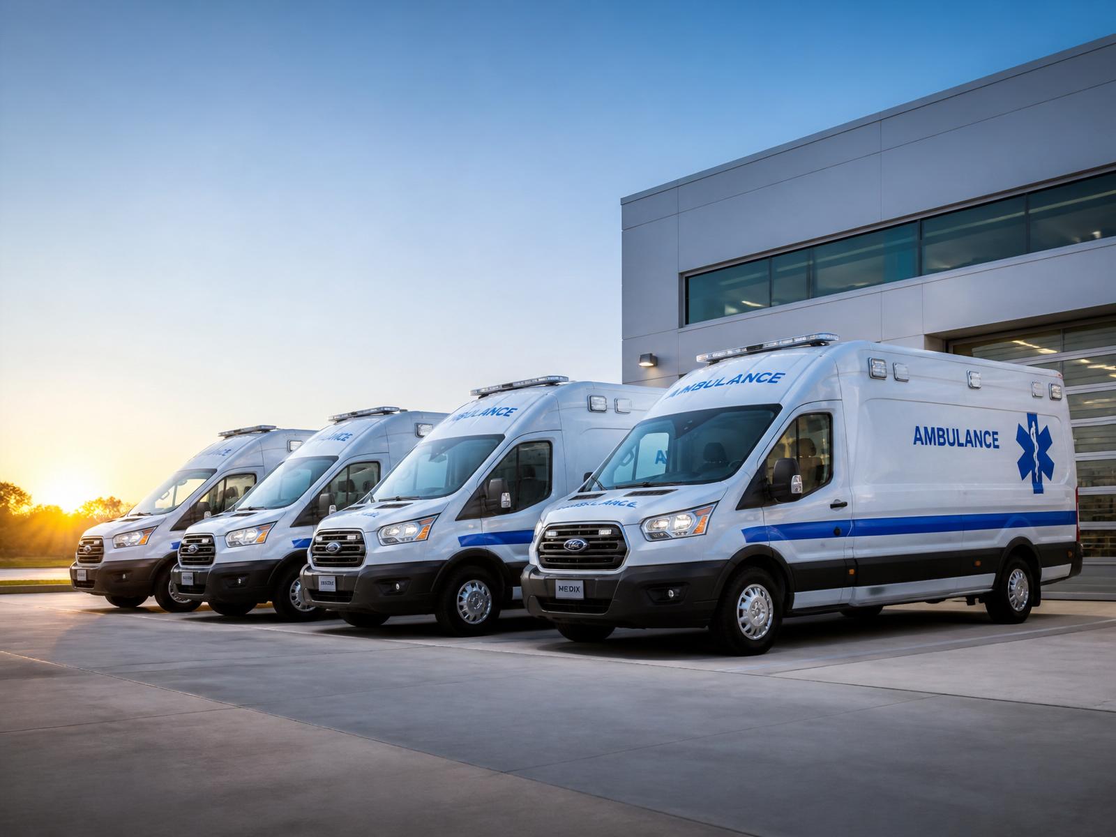 Flotă modernă de ambulanțe aliniate în fața bazei medicale