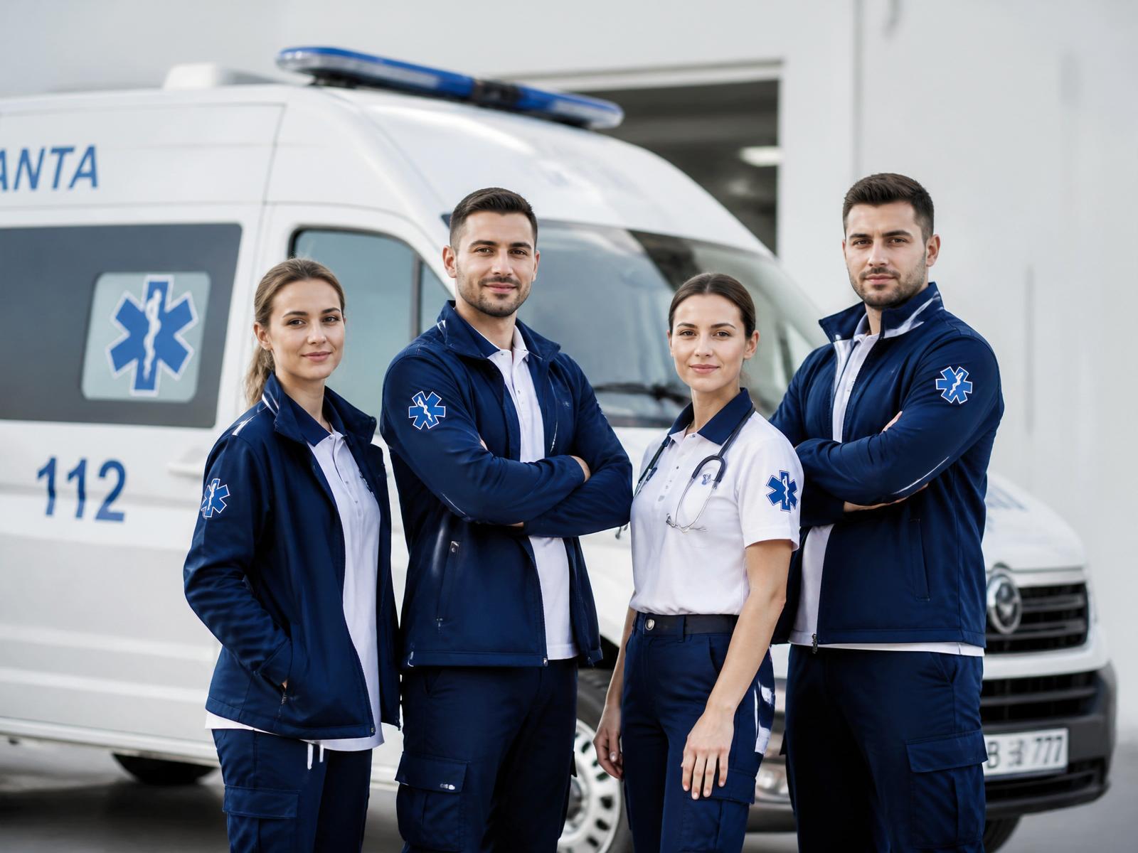 Echipajul medical al companiei, în uniformă, în fața unei ambulanțe