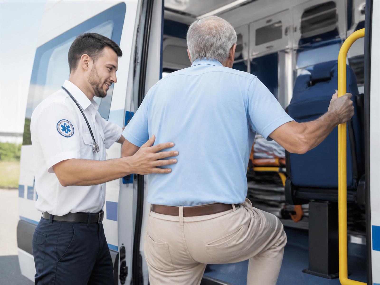 Paramedic ajutând un pacient senior să urce în ambulanță