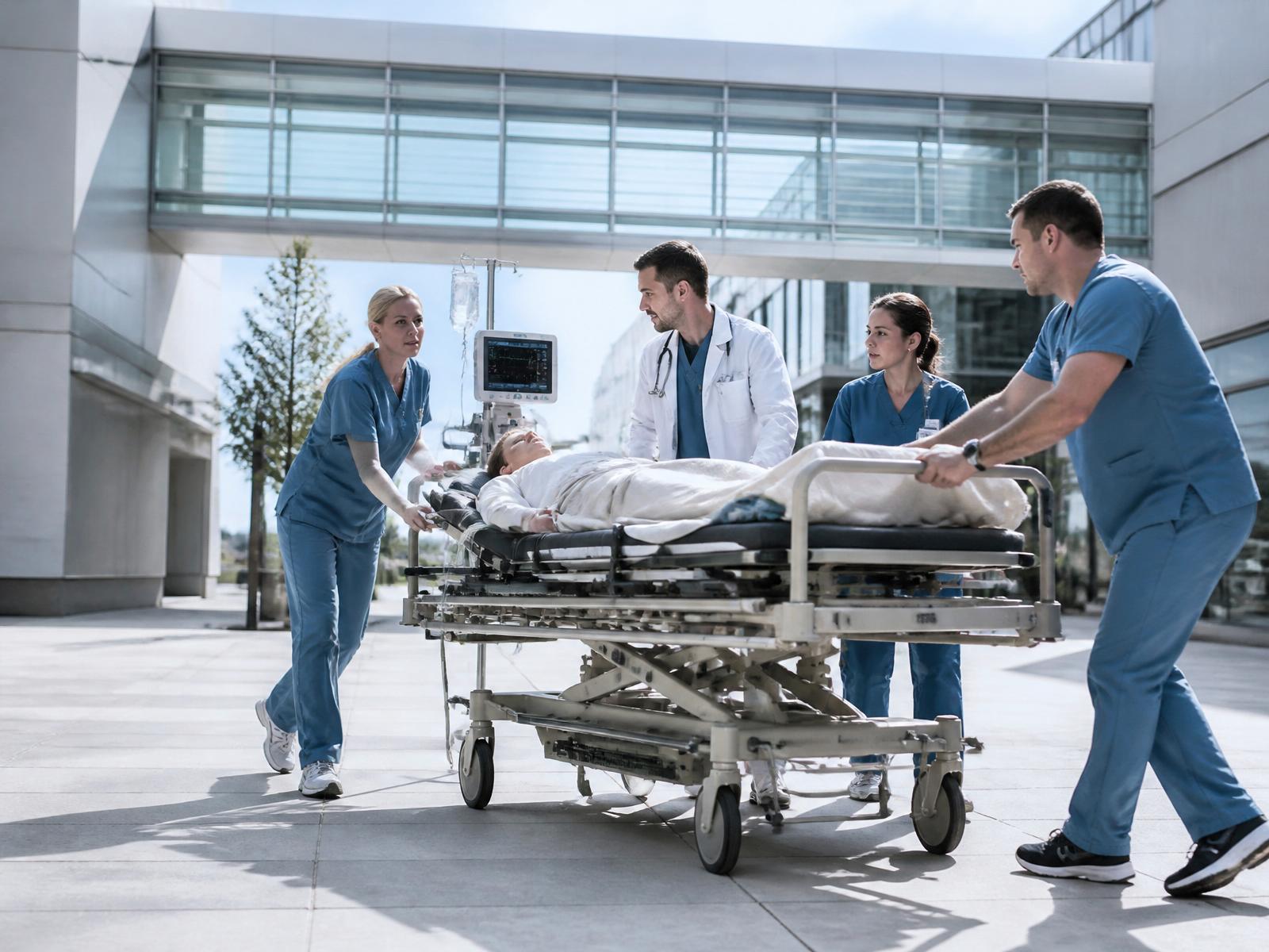 Echipă medicală transferând un pacient pe targă între spitale