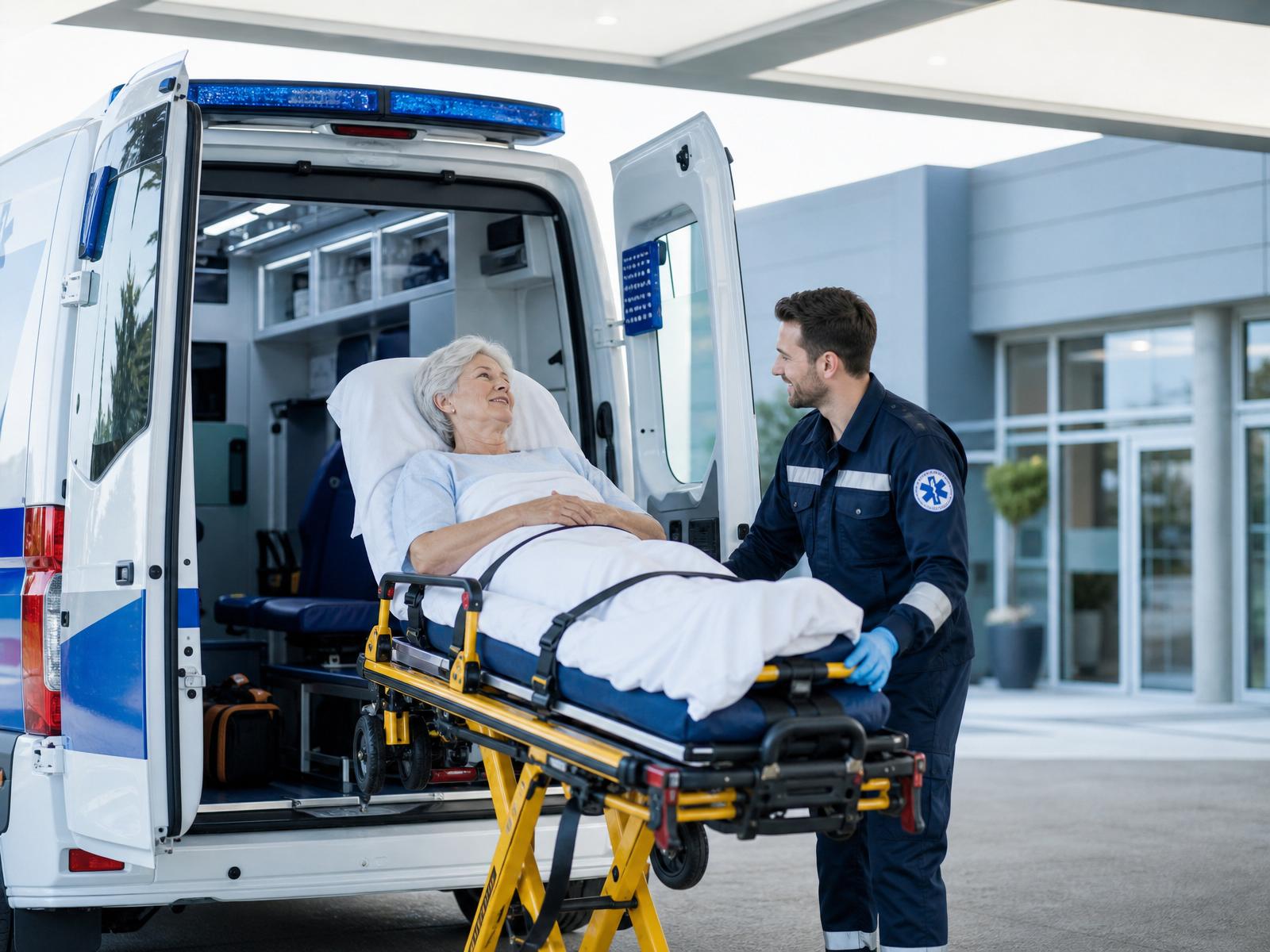 Paramedic ajutând un pacient să urce în ambulanță