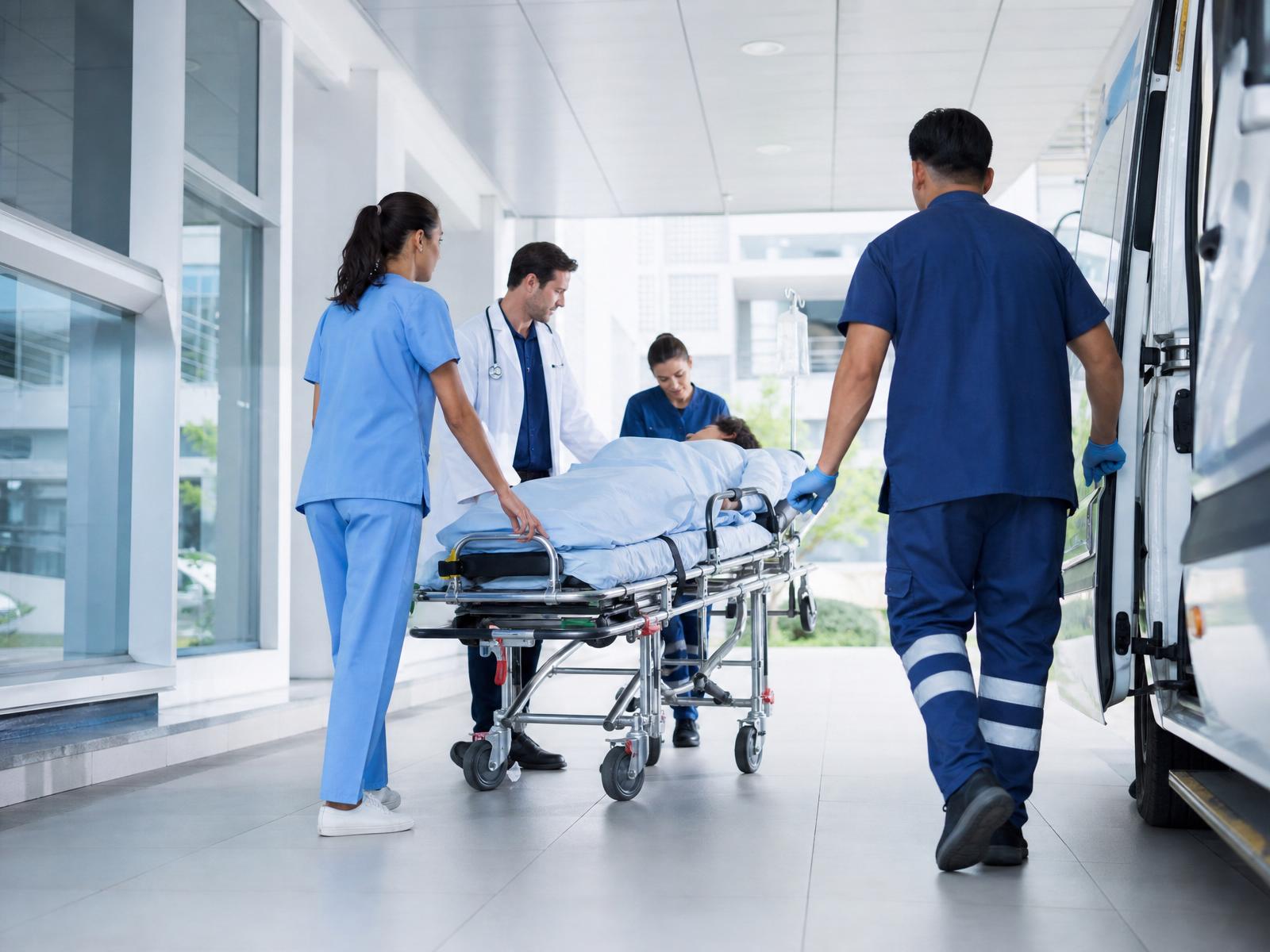 Echipaj medical transferând un pacient între unități spitalicești